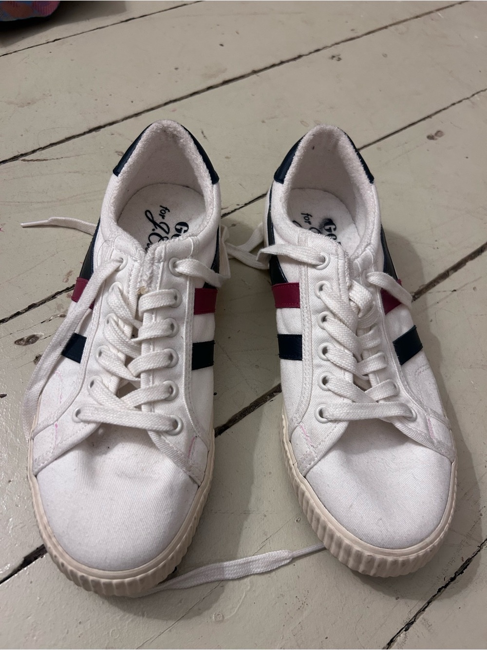Gola for j crew White Canvas Sneakers with black and Burgundy Stripes